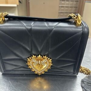 Black Quilted Bag with Gold Heart Accent
